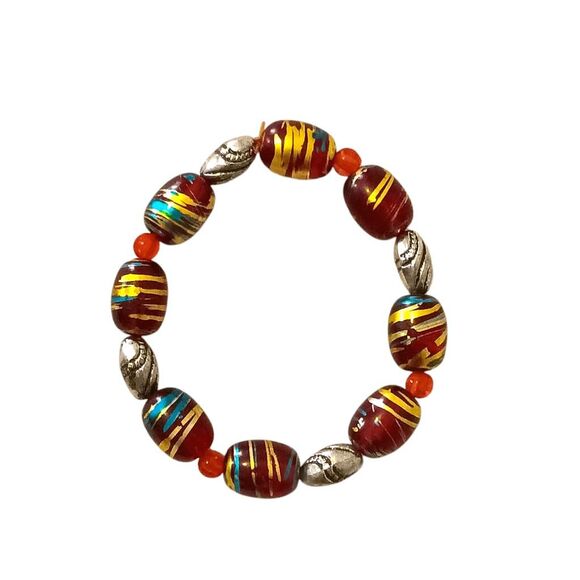 Handmade Glass Bead Bracelet Red Gold Stretch Band - Picture 5 of 5